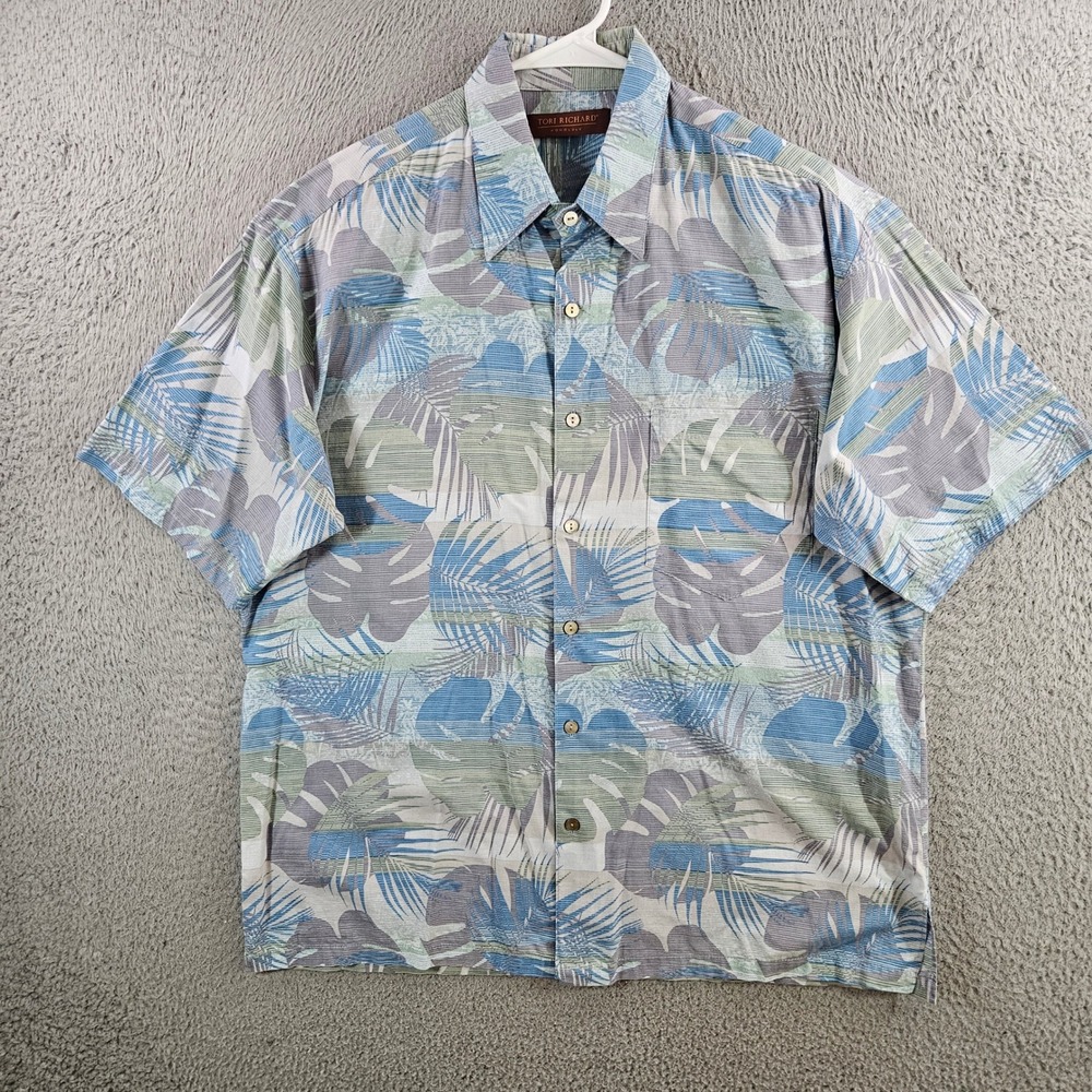 Tori Richard Honolulu Mens Medium Cotton Lawn Tropical Monstera Palm Shirt Blue